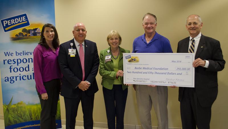 Attending the Perdue Foundation check presentation to Beebe Medical Foundation are (l-r) Kim Nechay, Franklin P. and Arthur W. Perdue Foundation executive director; Thomas J. Protack, Beebe Medical Foundation vice president of development; Judy L. Aliquo, Beebe Medical Foundation president and CEO; Jim Perdue, Perdue Farms chairman; and Jeffrey M. Fried, Beebe Healthcare president and CEO. SUBMITTED PHOTO